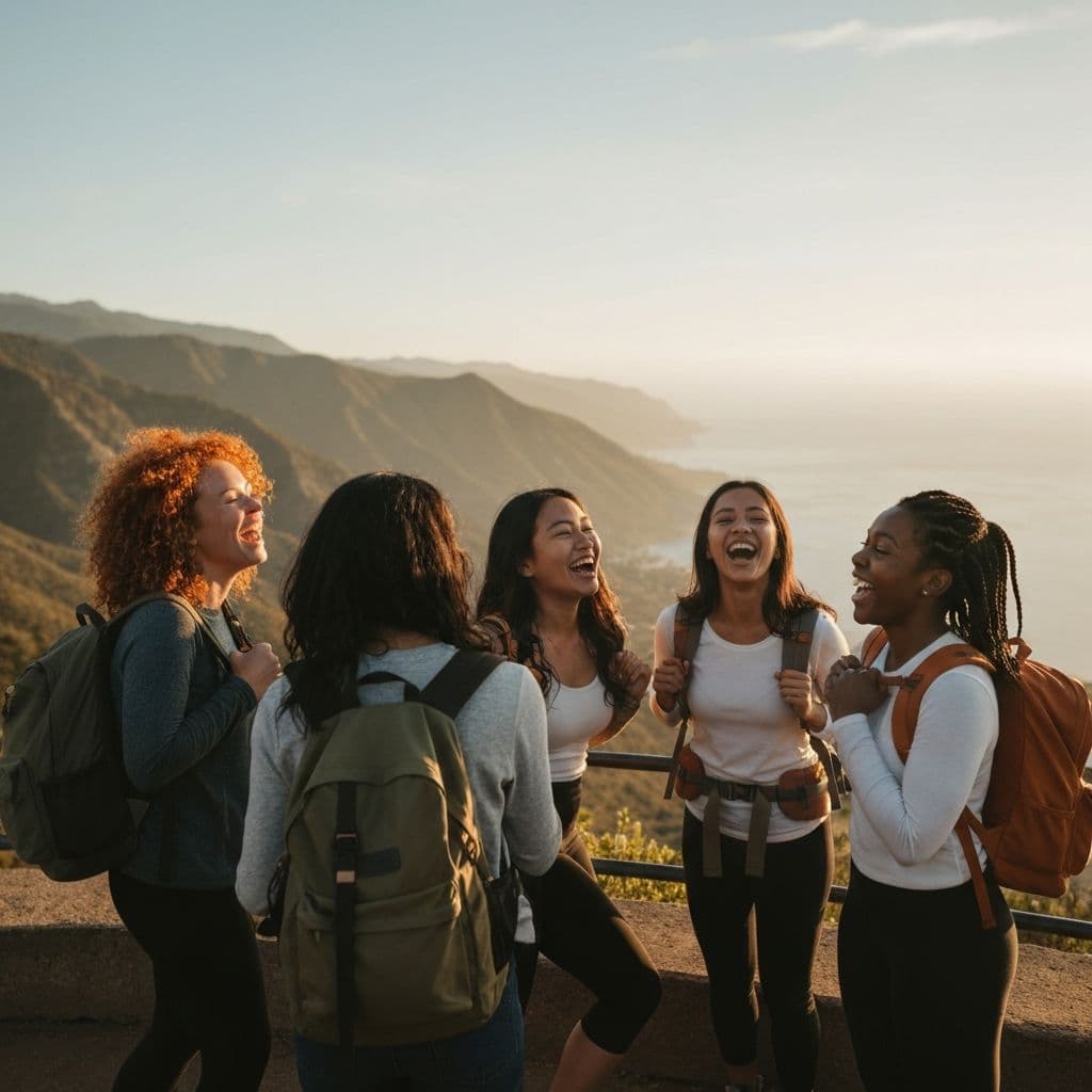 Women laughing together on a mountain overlook