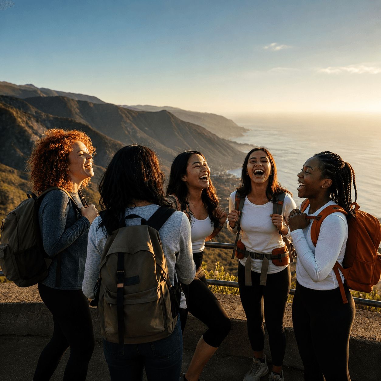 Women laughing together on a mountain overlook