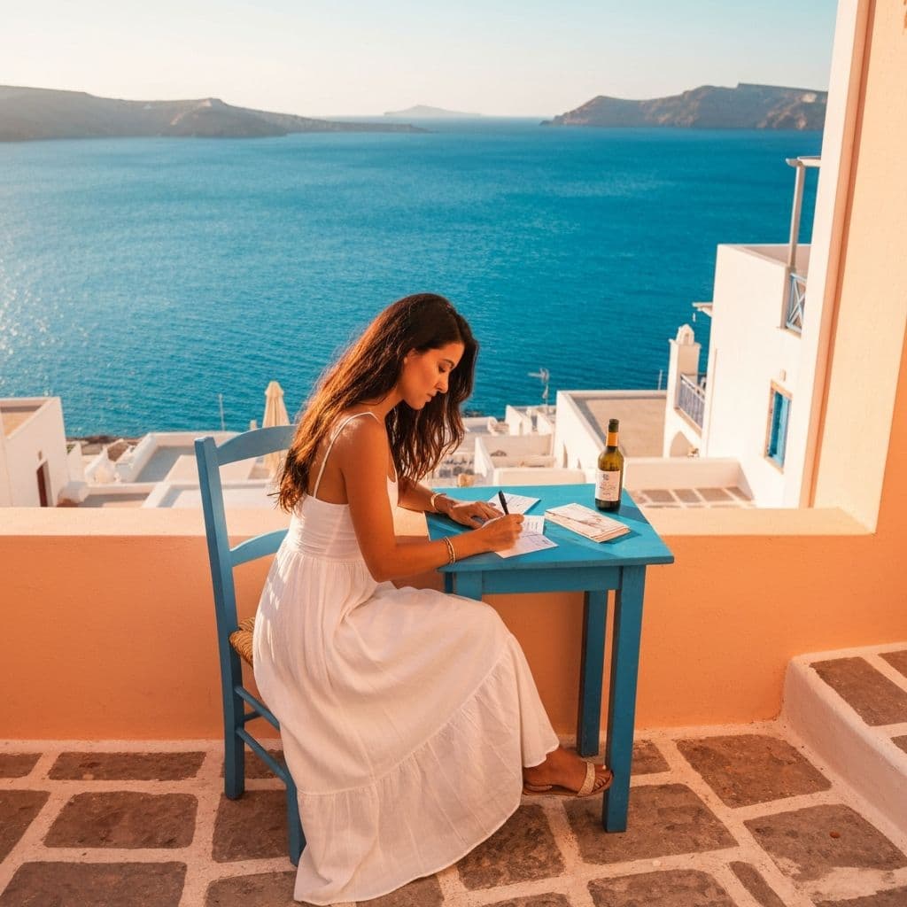 Woman writing postcards at a seaside destination